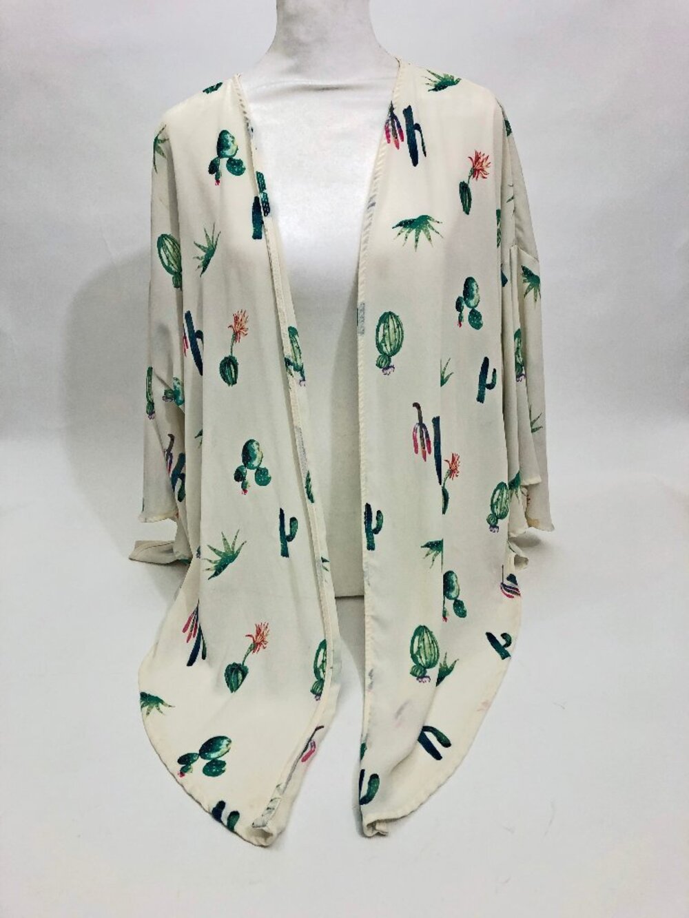 Peach Love California Cactus Print Bell Sleeves Open Front Kimono Size Small